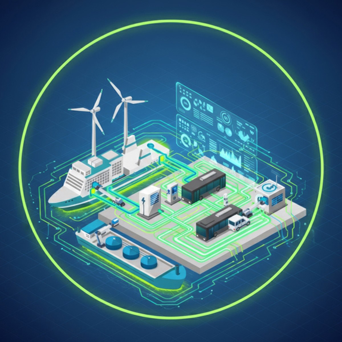 Isometric illustration of a new port development with wind turbines, digital monitoring screens and energy infrastructure