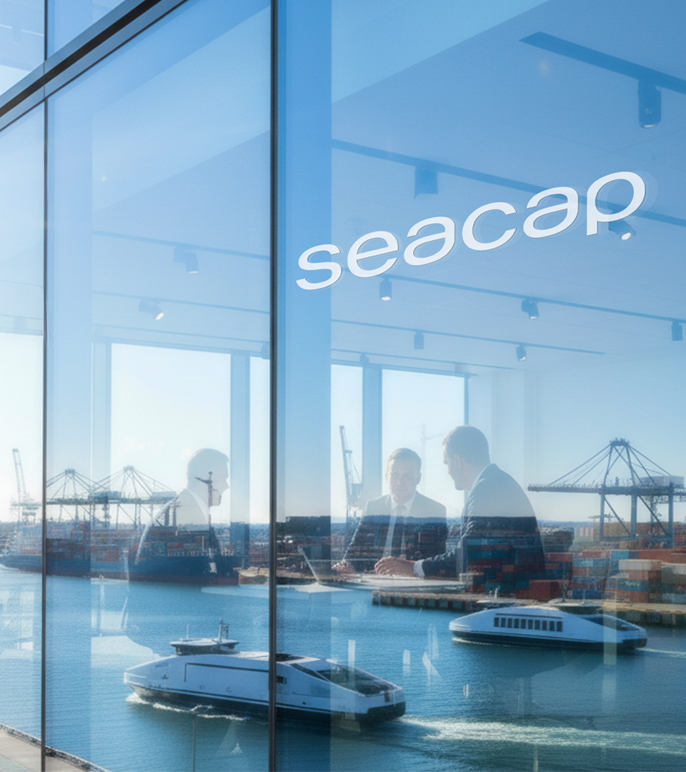 Forretningsmøte bak en glassvegg som speiler en travel havn med ferger, kraner og containere, med Seacap-logoen på glasset