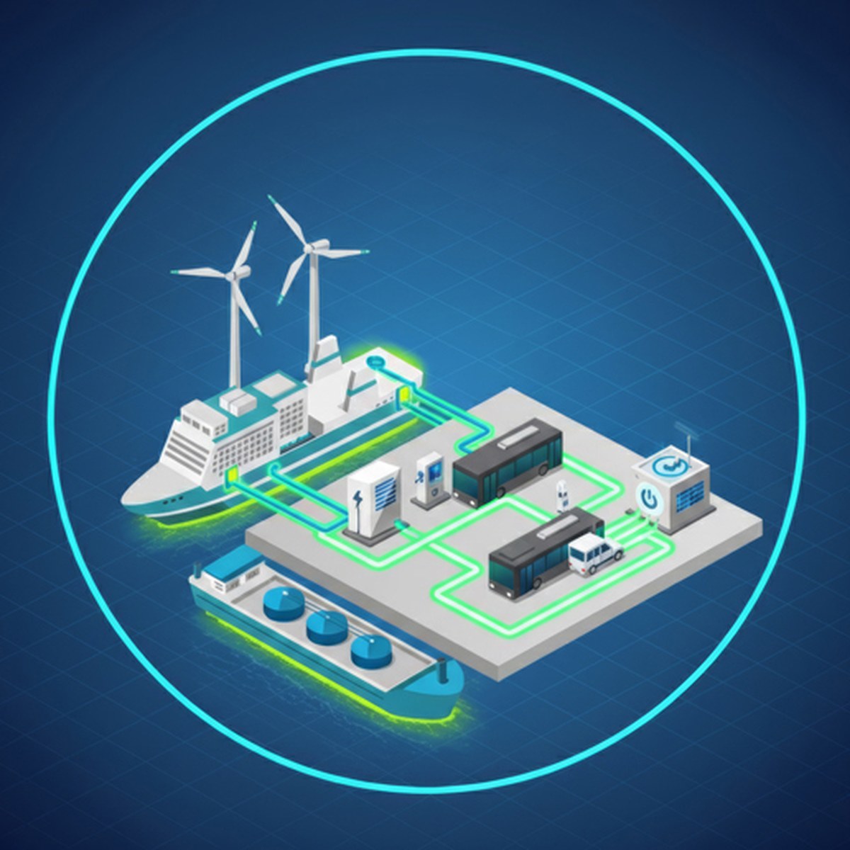 Isometric illustration of an existing green port facility with wind turbines, shore power and energy storage