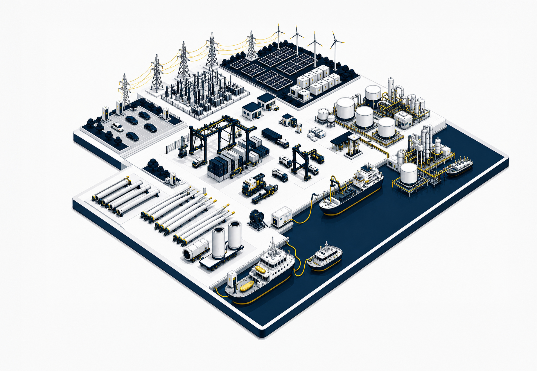 Isometric overview of a port area with shore power, solar panels, wind turbines, battery storage, cranes, vessels and logistics buildings